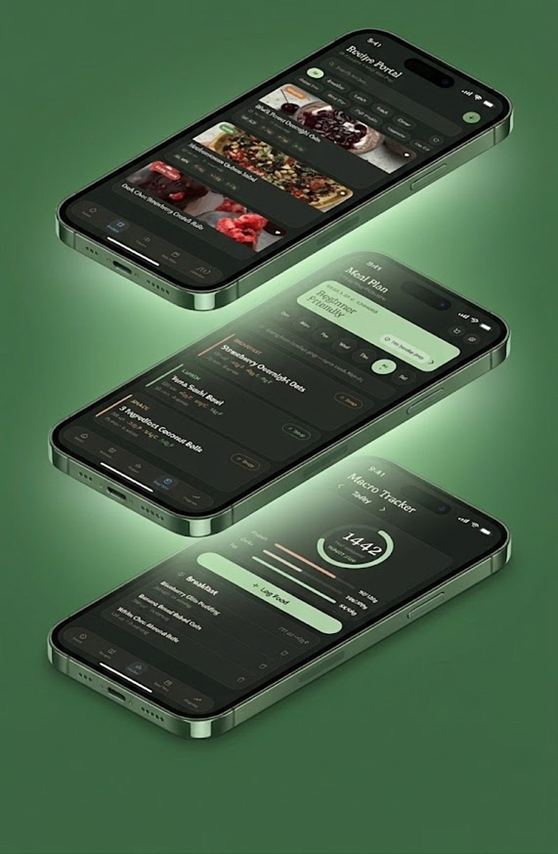 Doctor's Hour app shown on three phones — recipes, macro logging, and the goals tracker